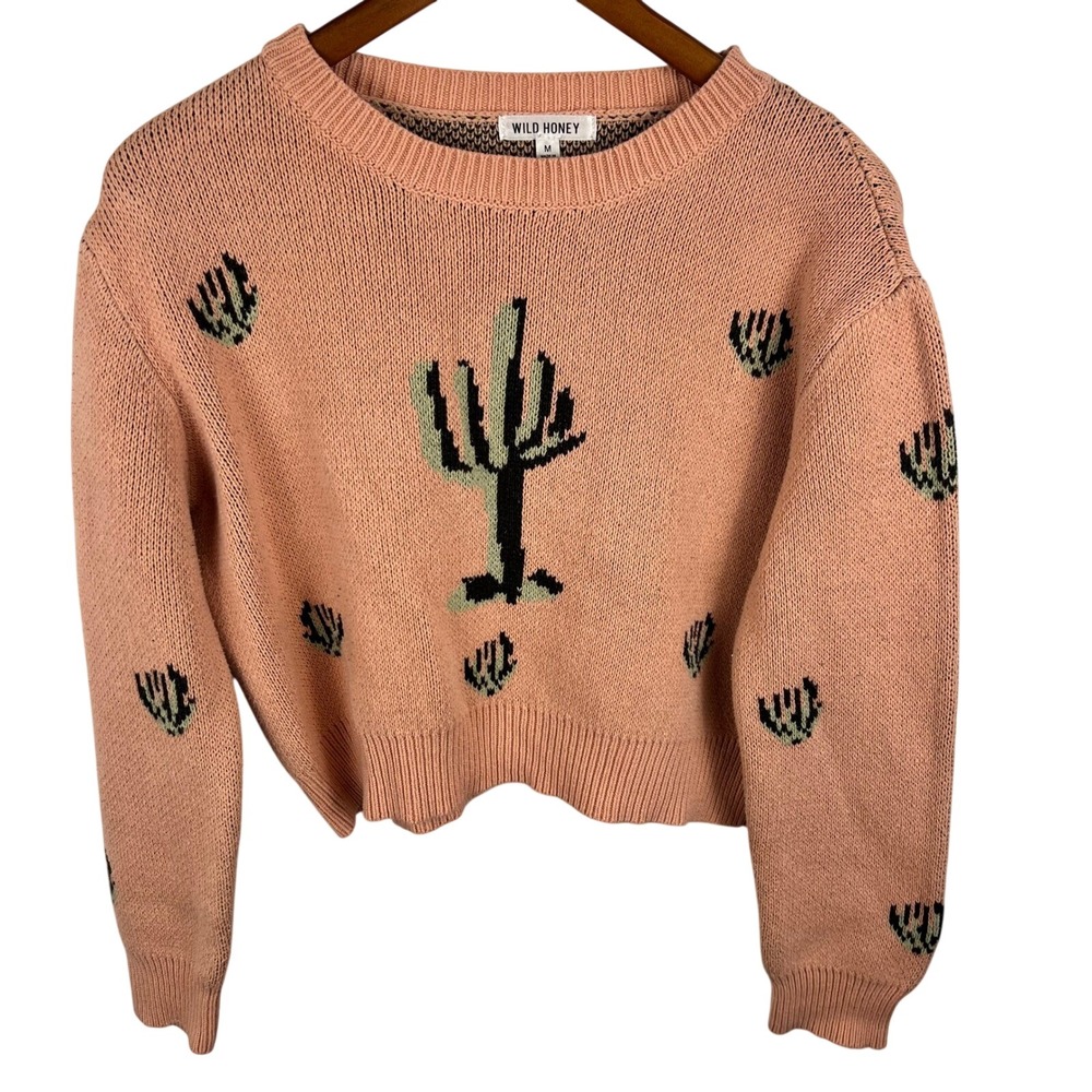 Western Cactus Sweater Medium Oversized Chunky Pink Knit Graphic Desert Boho